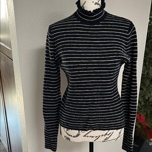 Rebecca Taylor Black and Cream Striped Turtleneck Sweater Merino Wool Size M